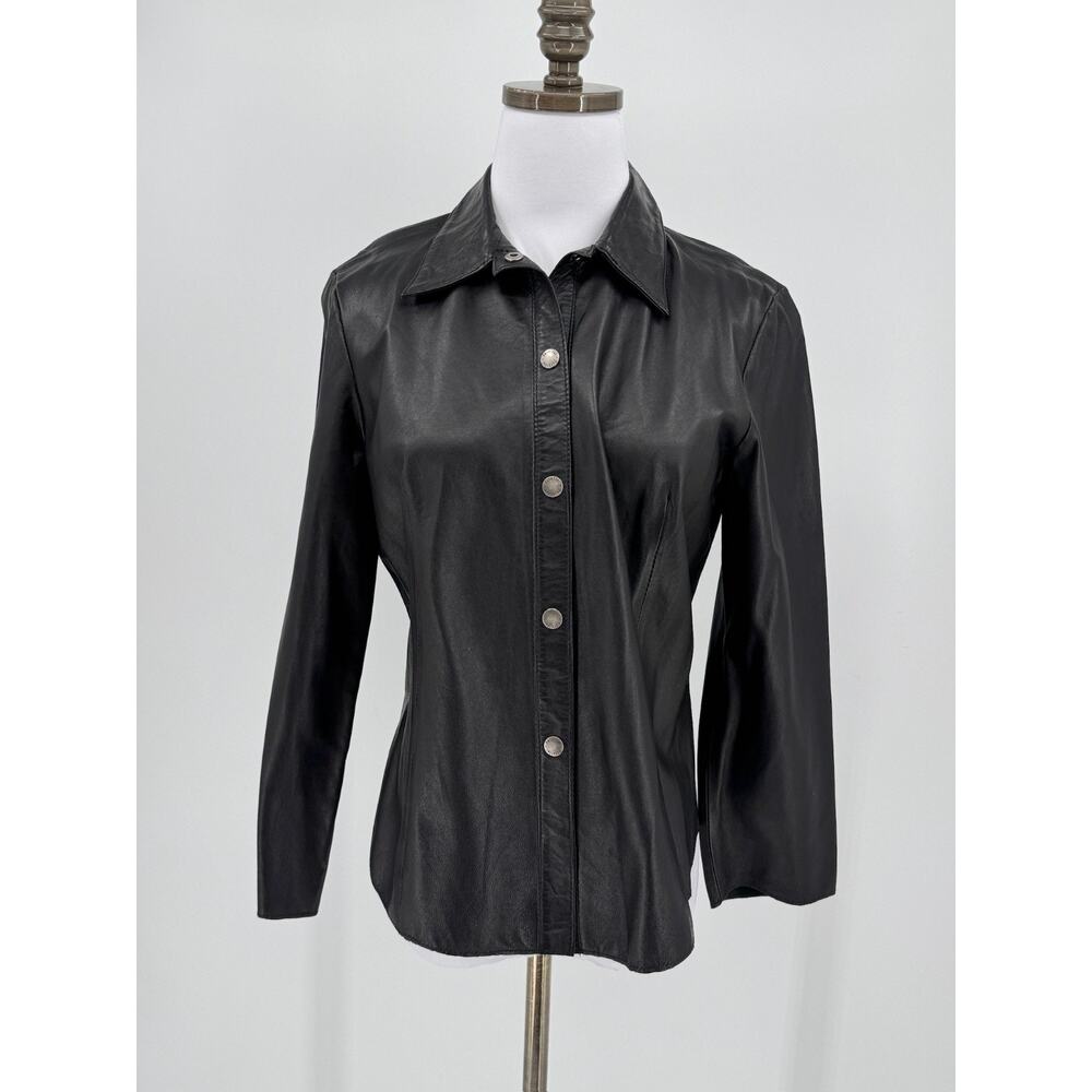 Parallel Vintage Womens Black Leather Collared Snap Front 3/4 Sleeve Top Sz 10